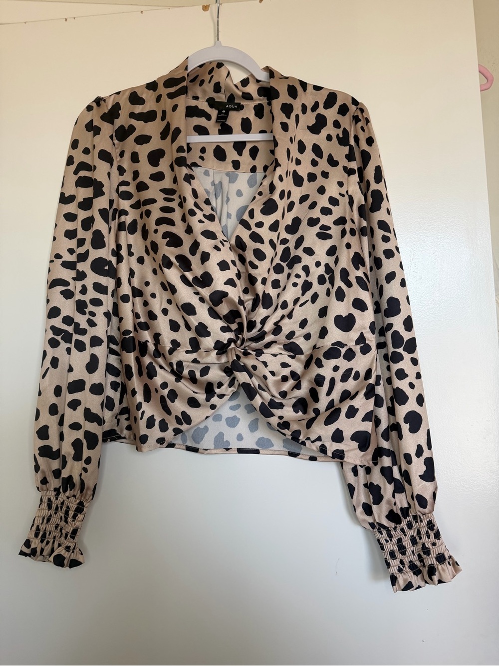 Aqua Beige and Black Leopard Twist Front Blouse